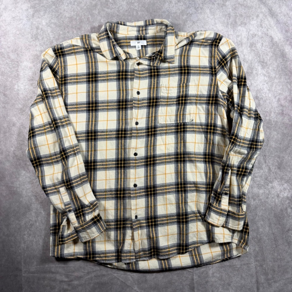 BP Mens XL Plaid Flannel Button Down Shirt Cream Black Yellow Cotton Lumberjack